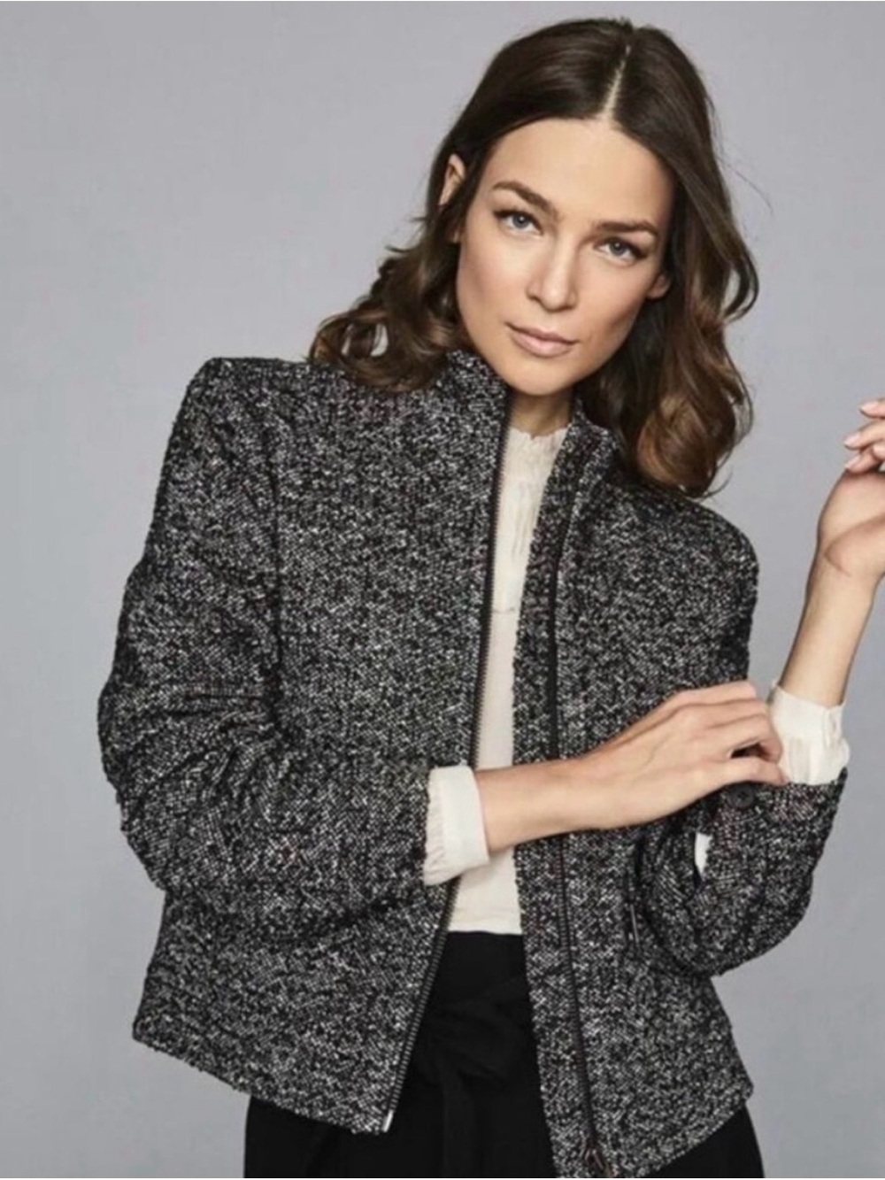 REISS Suri Textured Zip Wool Blend Jacket Size 6 Gray Bomber